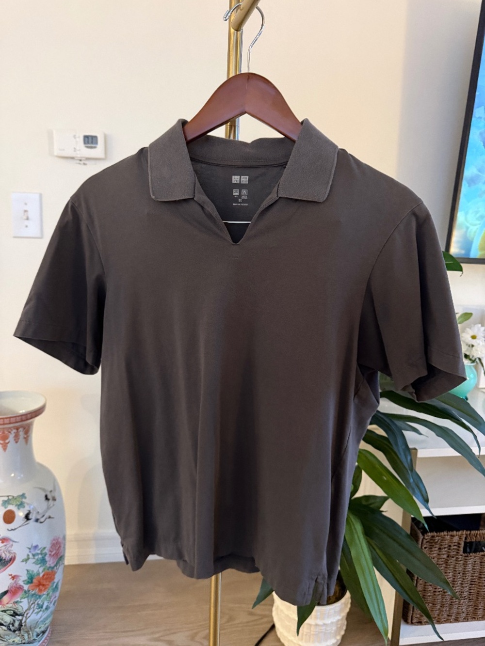 Uniqlo Airism Cotton Open Collar Polo Shirt | Dark Brown / Charcoal | XS